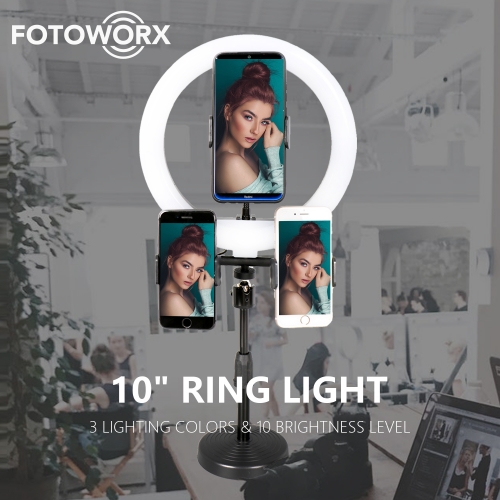 10 inch/26cm Desktop LED Ring Light with Three Mobile Phone Holder Dimmable